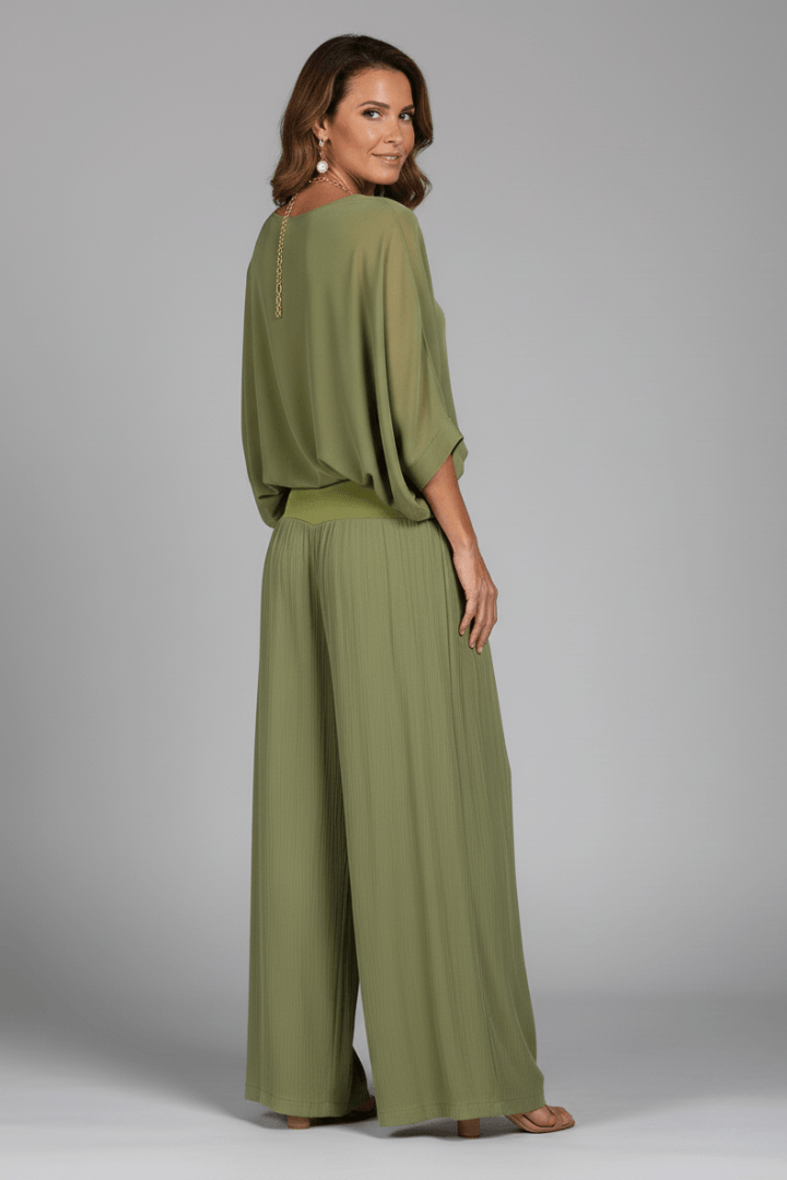 Women's Matching Two Piece Set with Dolman Sleeve Top and Wide-Leg Pants