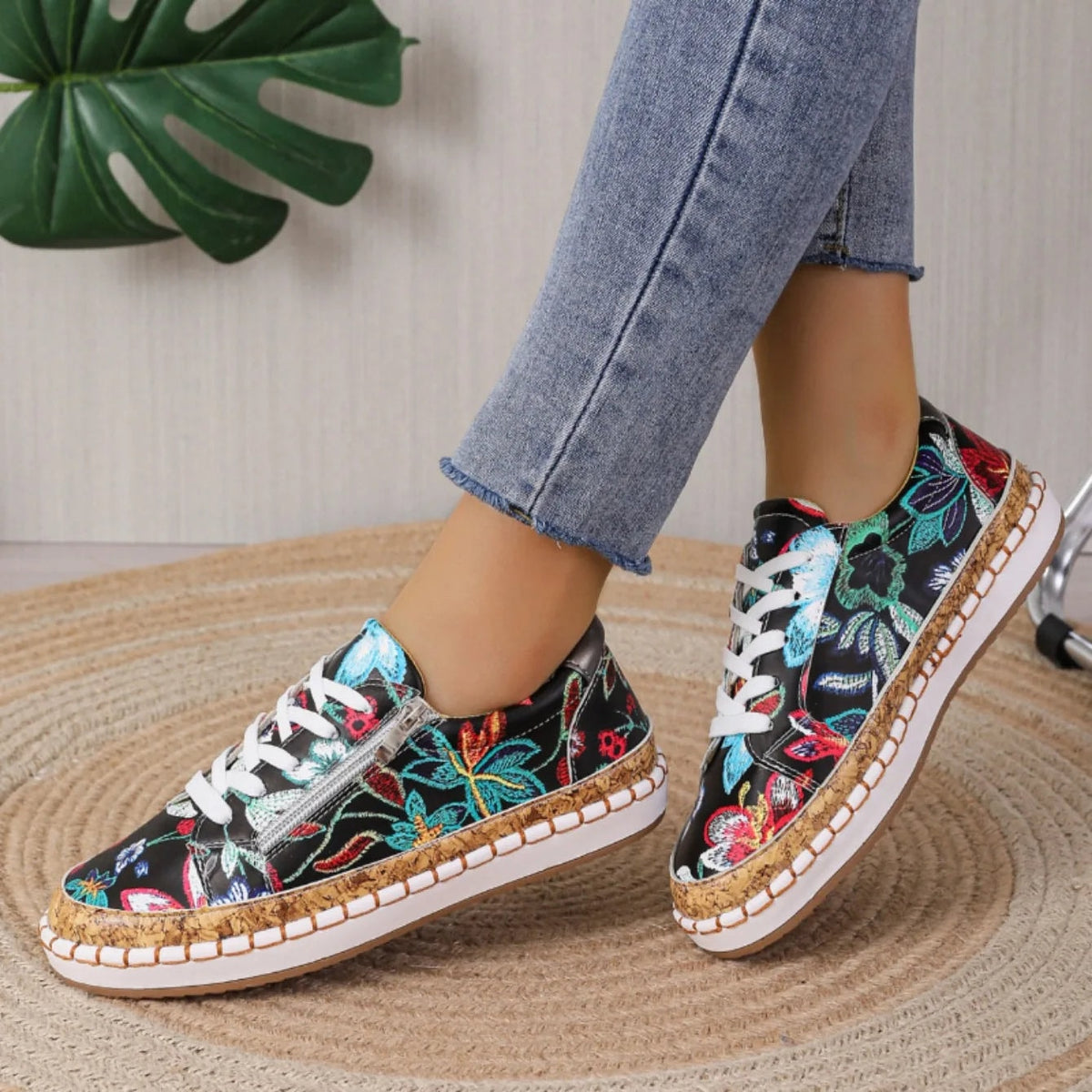 Women's Floral Embroidered Lace-Up Espadrille Sneakers with Cork Sole and Side Zip