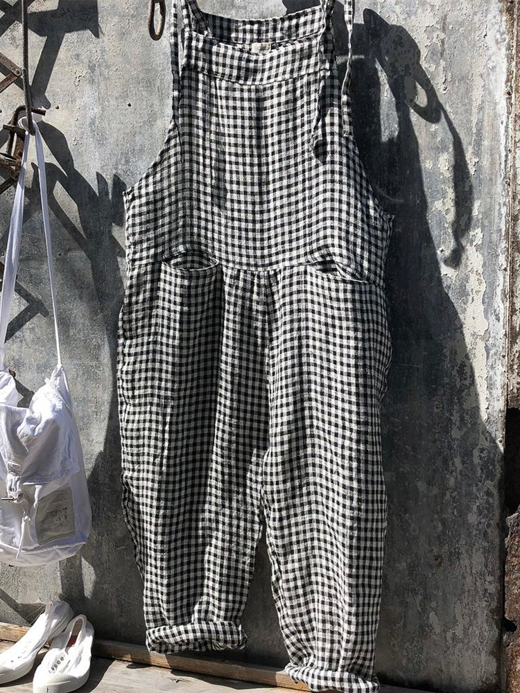 Striped Linen Cotton Jumpsuit with Adjustable Straps and Tapered Leg
