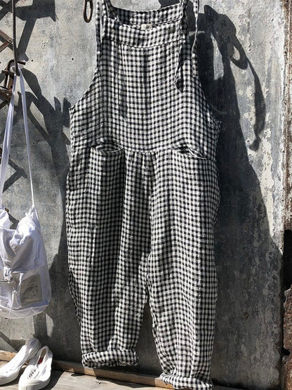 Striped Linen Cotton Jumpsuit with Adjustable Straps and Tapered Leg