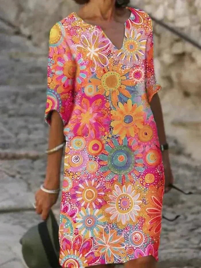 Nira Loose Midi Dress with Bold Floral Print and Notched V-Neck