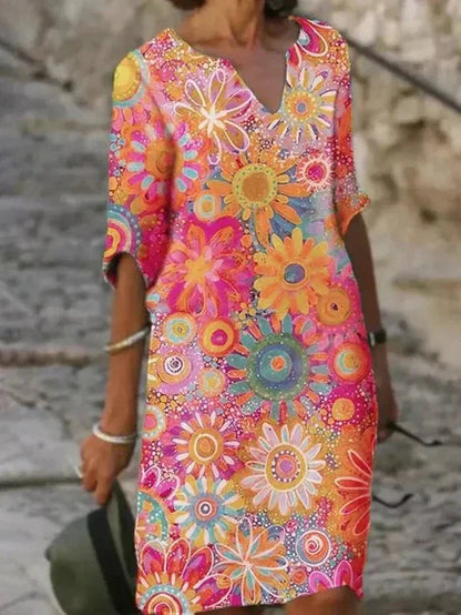 Nira Loose Midi Dress with Bold Floral Print and Notched V-Neck