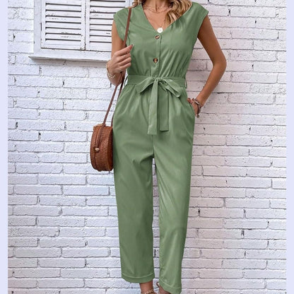 Belted Button-Front Sleeveless Jumpsuit for Women