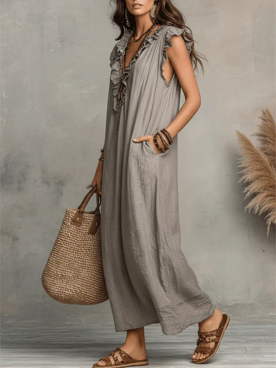 Caldora Maxi Dress in Summer Linen with Ruffle V-Neck and Side Pockets