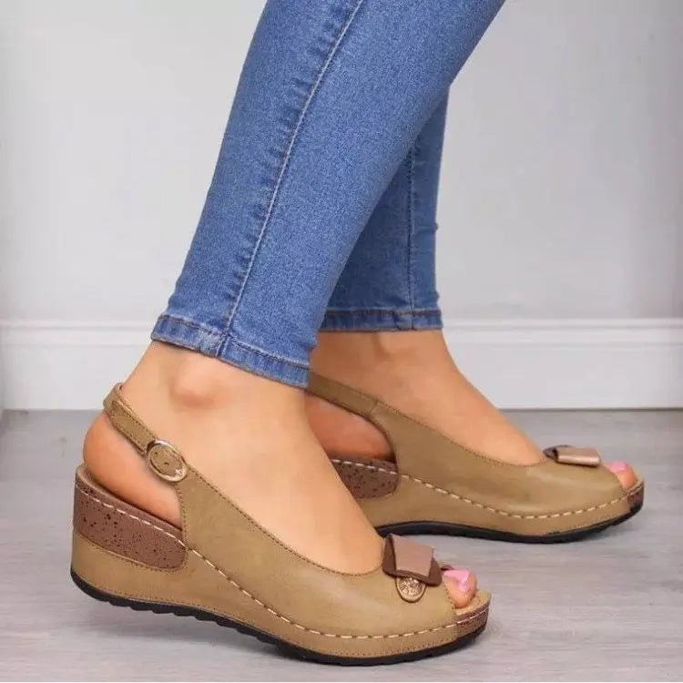 Slingback Peep Toe Leather Sandals with Buckle Strap and Wedge Heel