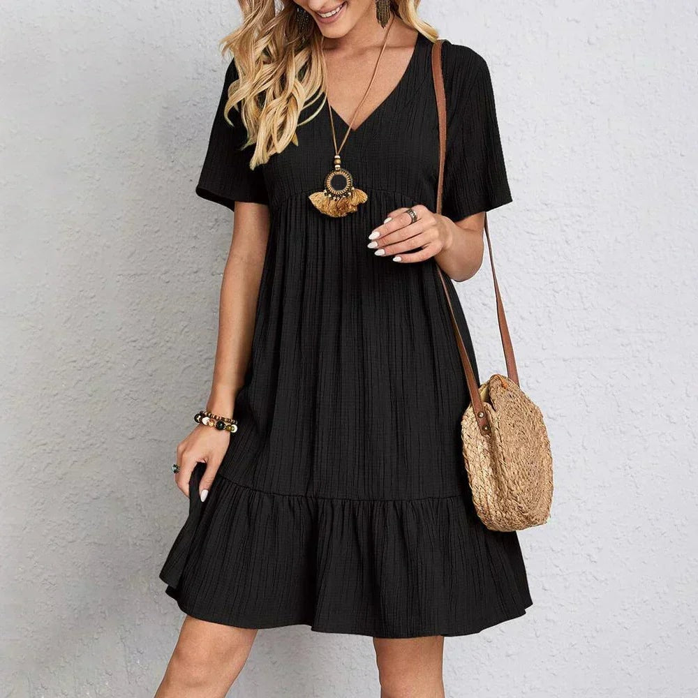 Audrey Boho Mini Dress with V-Neck Ruffle Hem and Short Sleeves