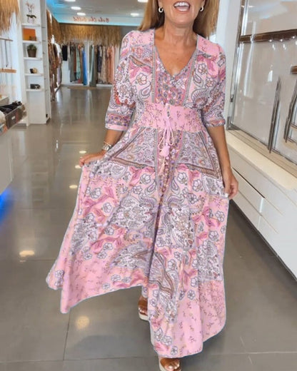 Alira Paisley Floral V-Neck Maxi Dress with Tie Waist for Women