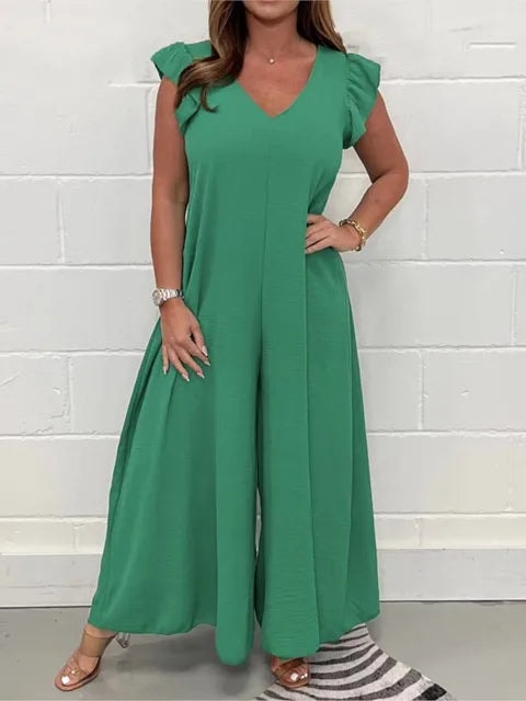 Sabrina Wide Leg Jumpsuit with Ruffled Sleeves and V-Neck