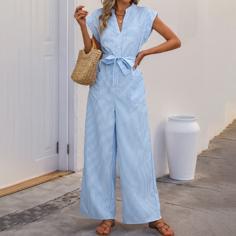 Striped Wide-Leg Jumpsuit with Tie Waist and Shirt Collar for Women