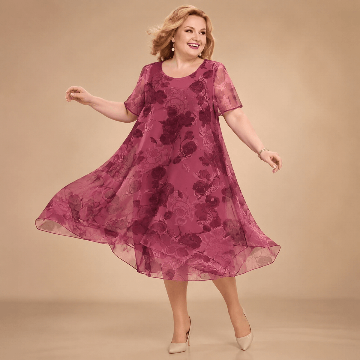 Florenza Print Layered Chiffon Women's Midi Dress with Sheer Sleeves