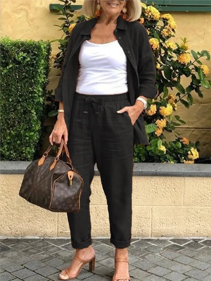 Zélie Matching Linen Co-Ord Two-Piece Set with Button Shirt and Drawstring Pants