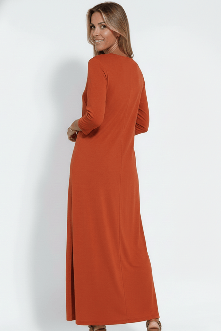 Women's Long Sleeve V-Neck Jersey Knit Maxi Dress with Side Slit