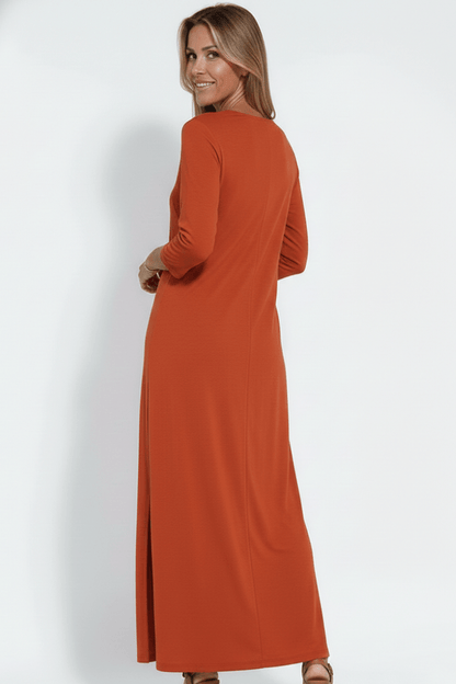 Women's Long Sleeve V-Neck Jersey Knit Maxi Dress with Side Slit