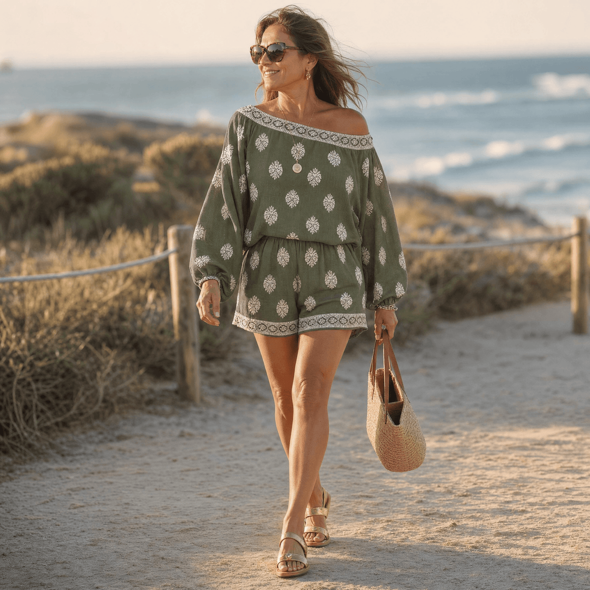 Solenne Off-Shoulder Block Print Two Piece Co Ord Set with Pockets