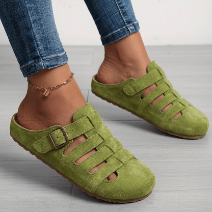 Women's Cushioned Suede Mule Sandals with Buckle Strap