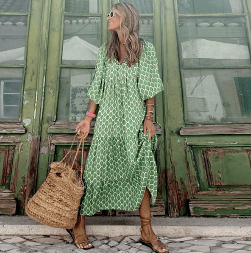Sara Printed V-Neck Flowy Maxi Dress with Tiered Sleeves for Women