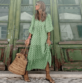 Sara Printed V-Neck Flowy Maxi Dress with Tiered Sleeves for Women