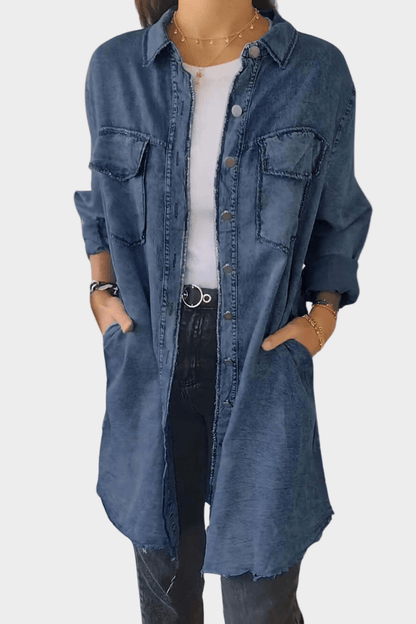 Cordelia Button-Front Long-Sleeve Mini Dress with Shirt Collar and Frayed Hem