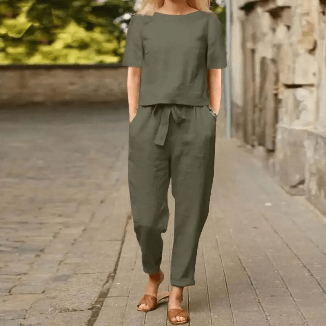 Women's Cotton Linen Relaxed Top and Pants Two-Piece Co-ord Set