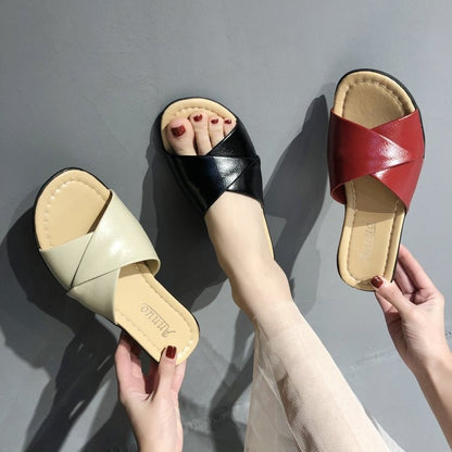 Comfortable Slide Sandals with Crossed Straps and Low Wedge Heel