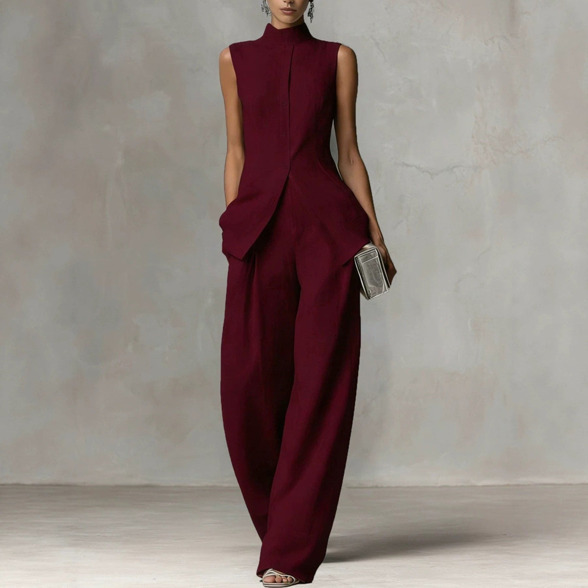 Sleeveless Stand Collar Wide-Leg Linen Jumpsuit with Side Pockets