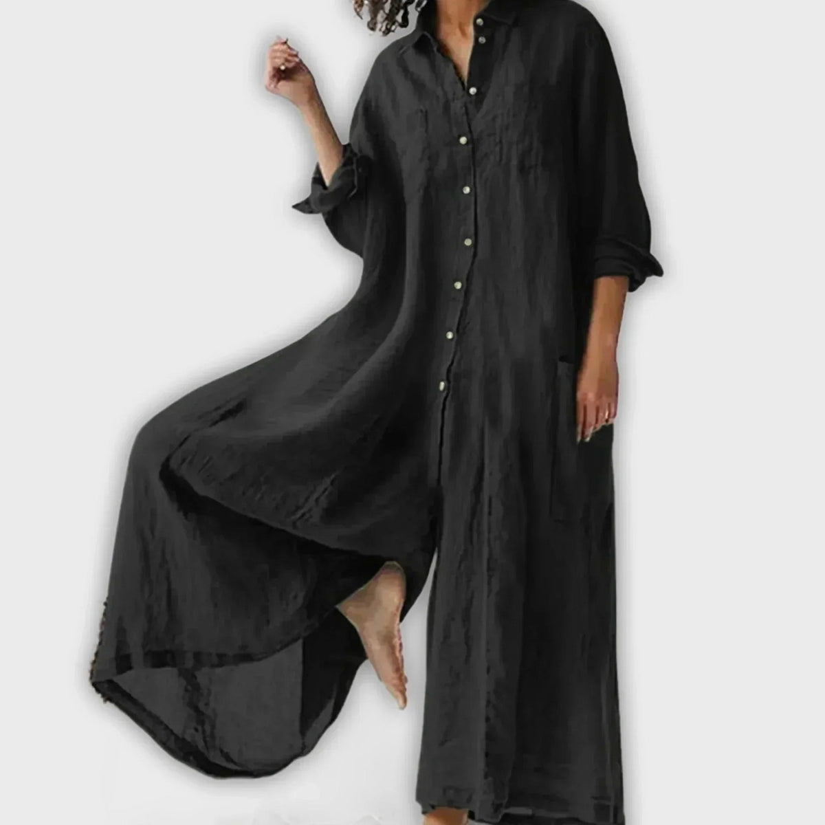 Cecilia Relaxed Button-Down Maxi Dress with Long Sleeves and Patch Pockets