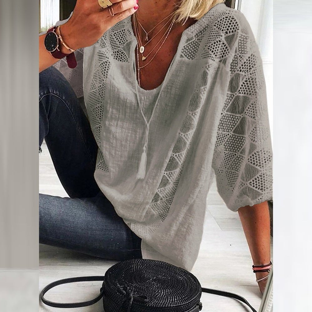 Crochet Panel Boho Blouse with Three-Quarter Sleeves