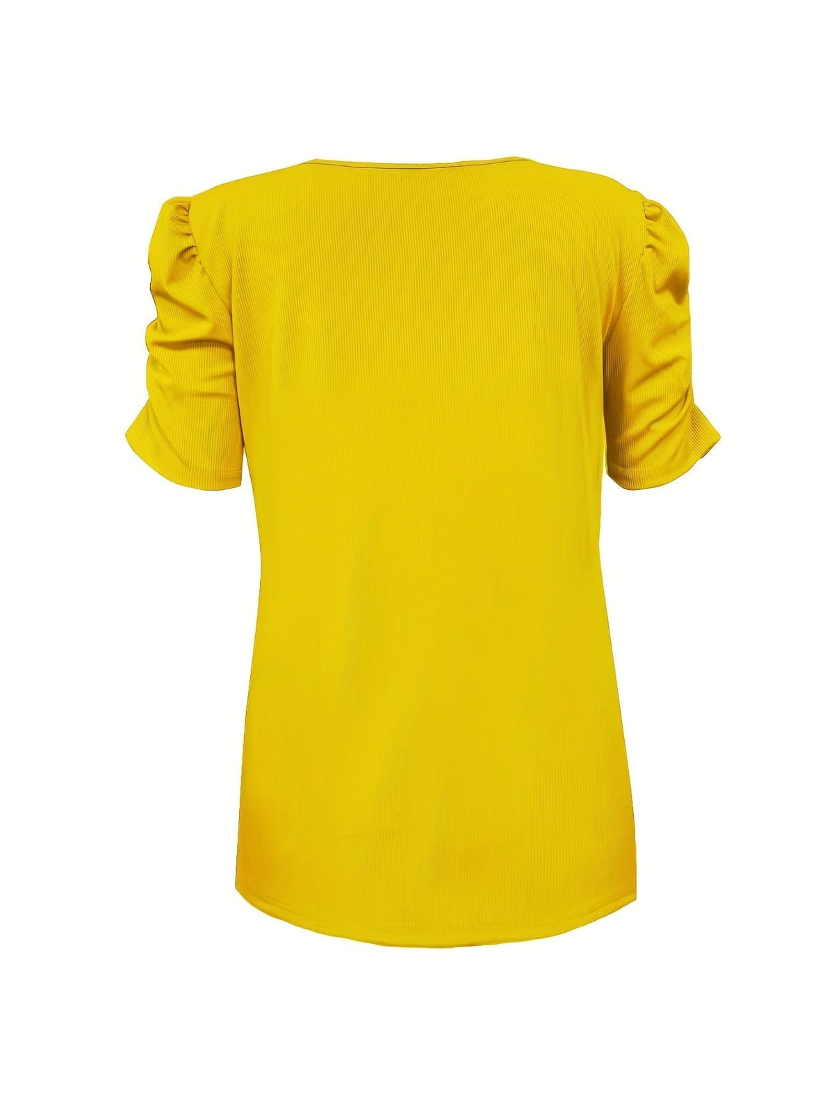 Rica Casual Ribbed V-Neck Top with Ruched Short Puff Sleeves
