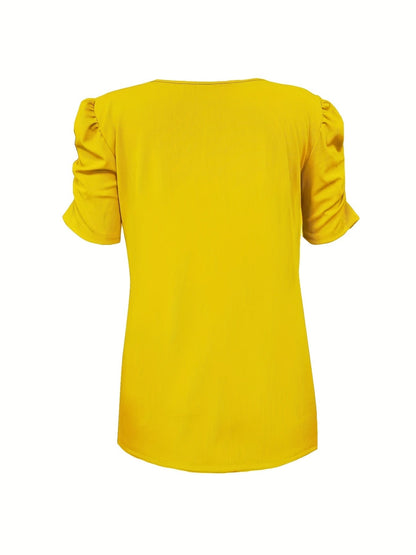 Rica Casual Ribbed V-Neck Top with Ruched Short Puff Sleeves