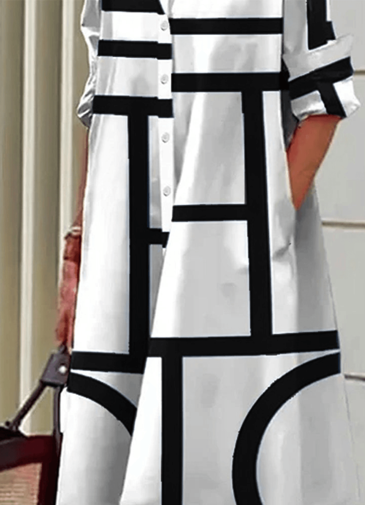 Geometric Print Collared Women's Midi Dress with Side Pockets