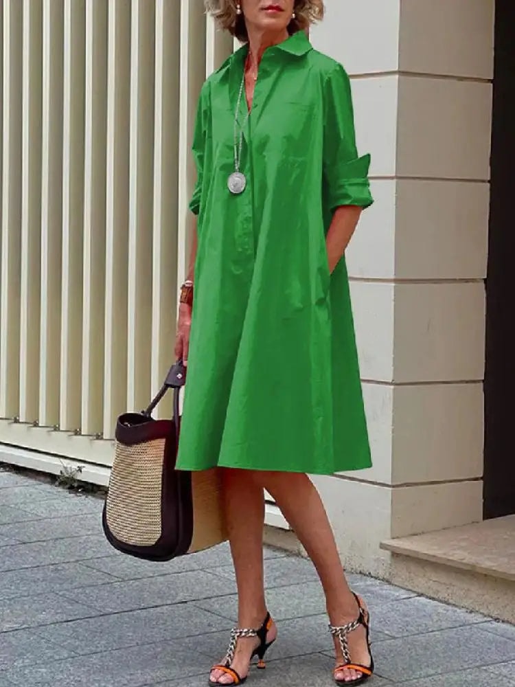 Women's Collared Linen Shirt Midi Dress with Loose Fit for Autumn