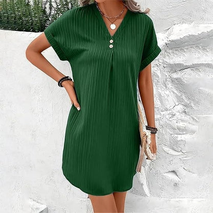 Ribbed Knit V-Neck Button-Detail Midi Dress with Short Sleeves