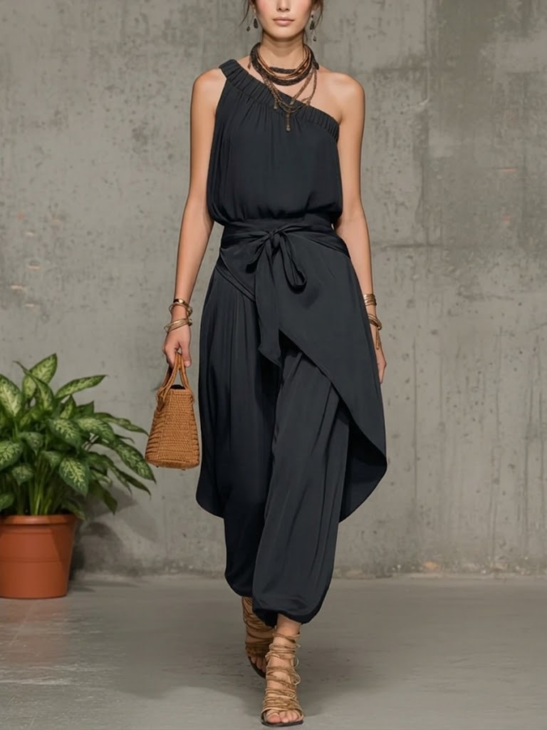 One-Shoulder Linen Jumpsuit with Harem Wide-Leg Silhouette and Tie Waist