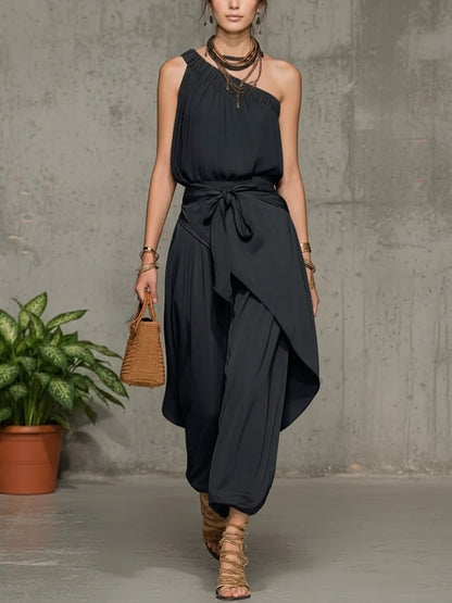 One-Shoulder Linen Jumpsuit with Harem Wide-Leg Silhouette and Tie Waist