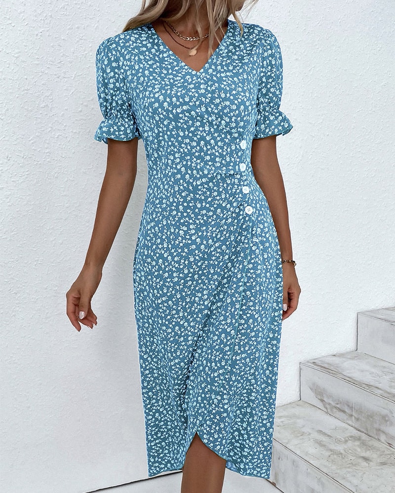 Martha Floral V-Neck Button Front Midi Dress for Women with Puff Sleeves