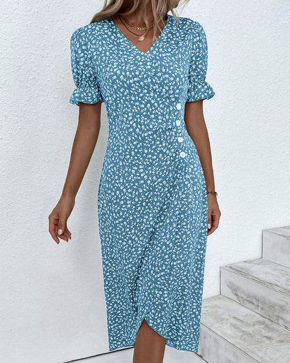 Martha Floral V-Neck Button Front Midi Dress for Women with Puff Sleeves