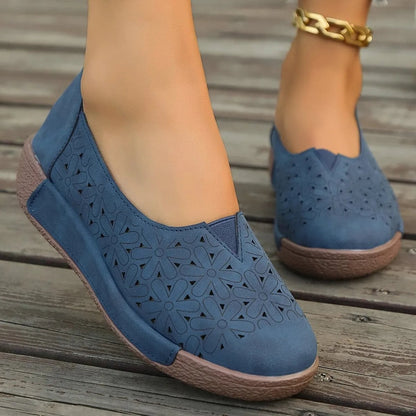 Slip-On Wedge Loafers with Floral Cut-Out Detail and Orthopedic Insole