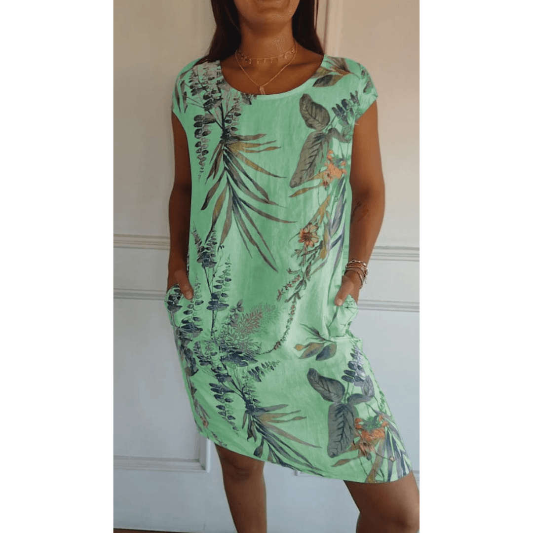 Women's Floral Print Round-Neck Midi Dress with Pockets