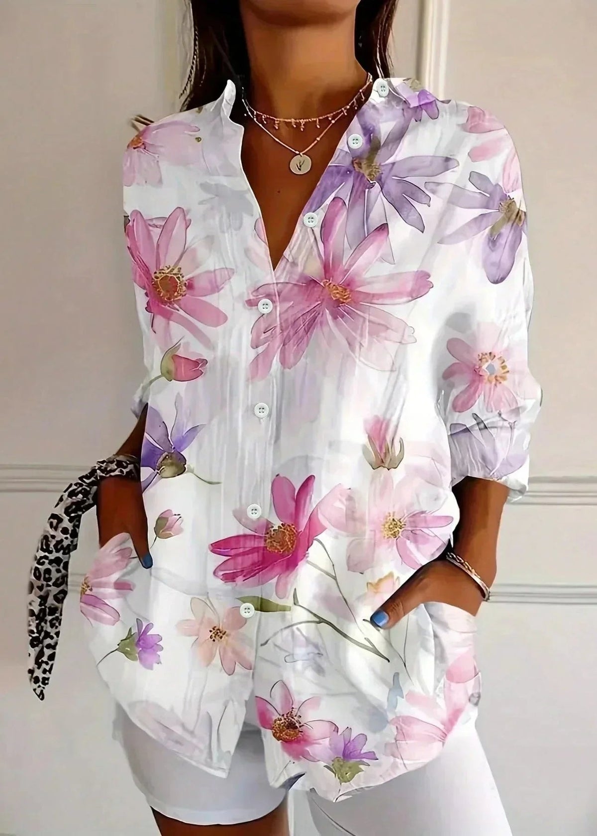 Women's Floral Print Long Sleeve Button Up Blouse for Summer