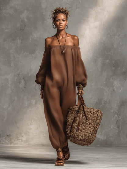 Women's Off-Shoulder Long-Sleeve Linen Jumpsuit with Relaxed Fit