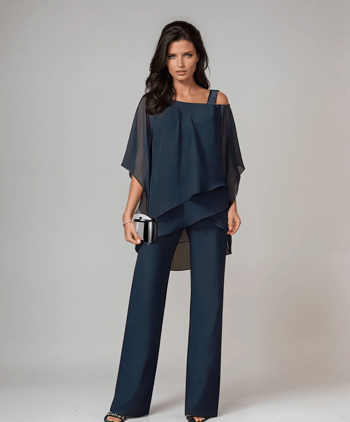 Women's Matching Two-Piece Set with Asymmetric Layered Top and Wide-Leg Pants
