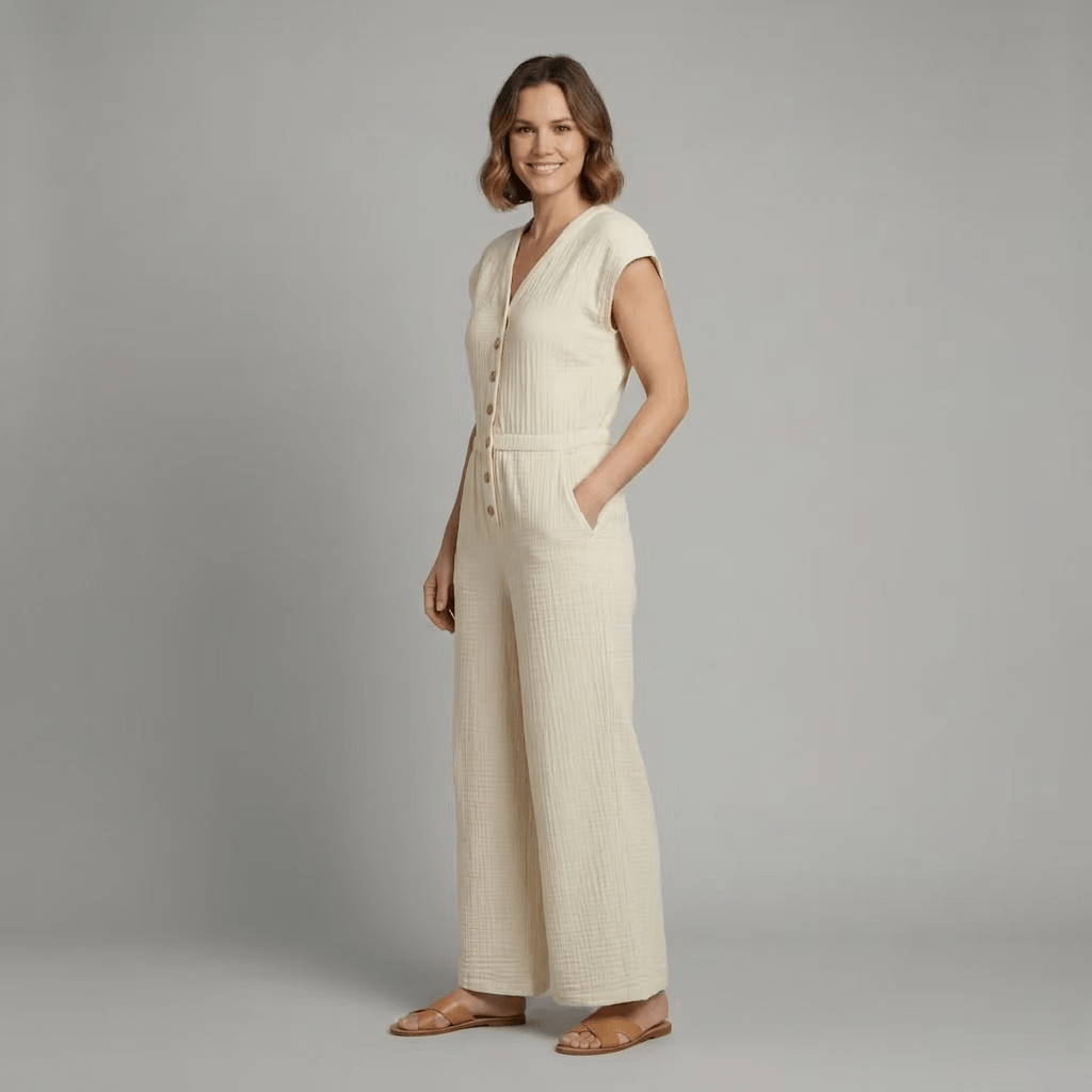 Wide-Leg Button-Front Jumpsuit with V-Neck Cap Sleeves and Side Pockets