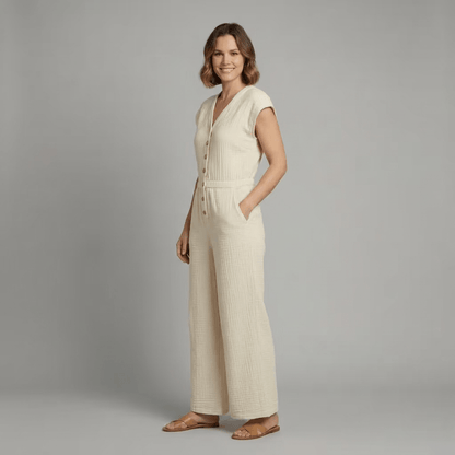 Wide-Leg Button-Front Jumpsuit with V-Neck Cap Sleeves and Side Pockets