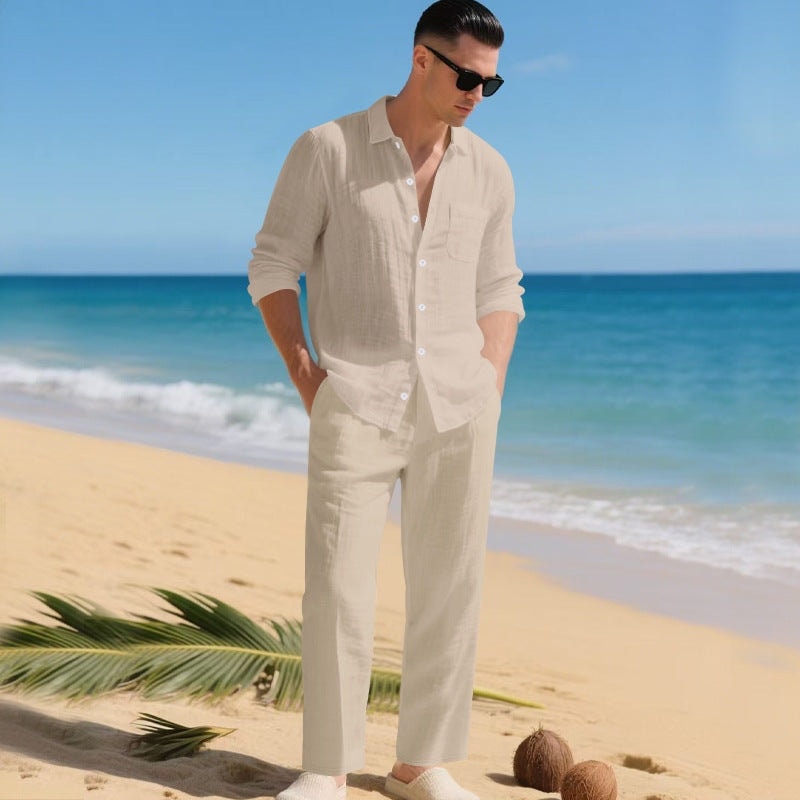 Men's Linen Blend Long-Sleeve Shirt and Pants Two-Piece Set