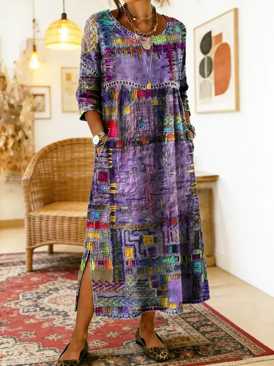 Manuela Ethnic Patchwork Three-Quarter Sleeve Cotton Blend Midi Dress for Women