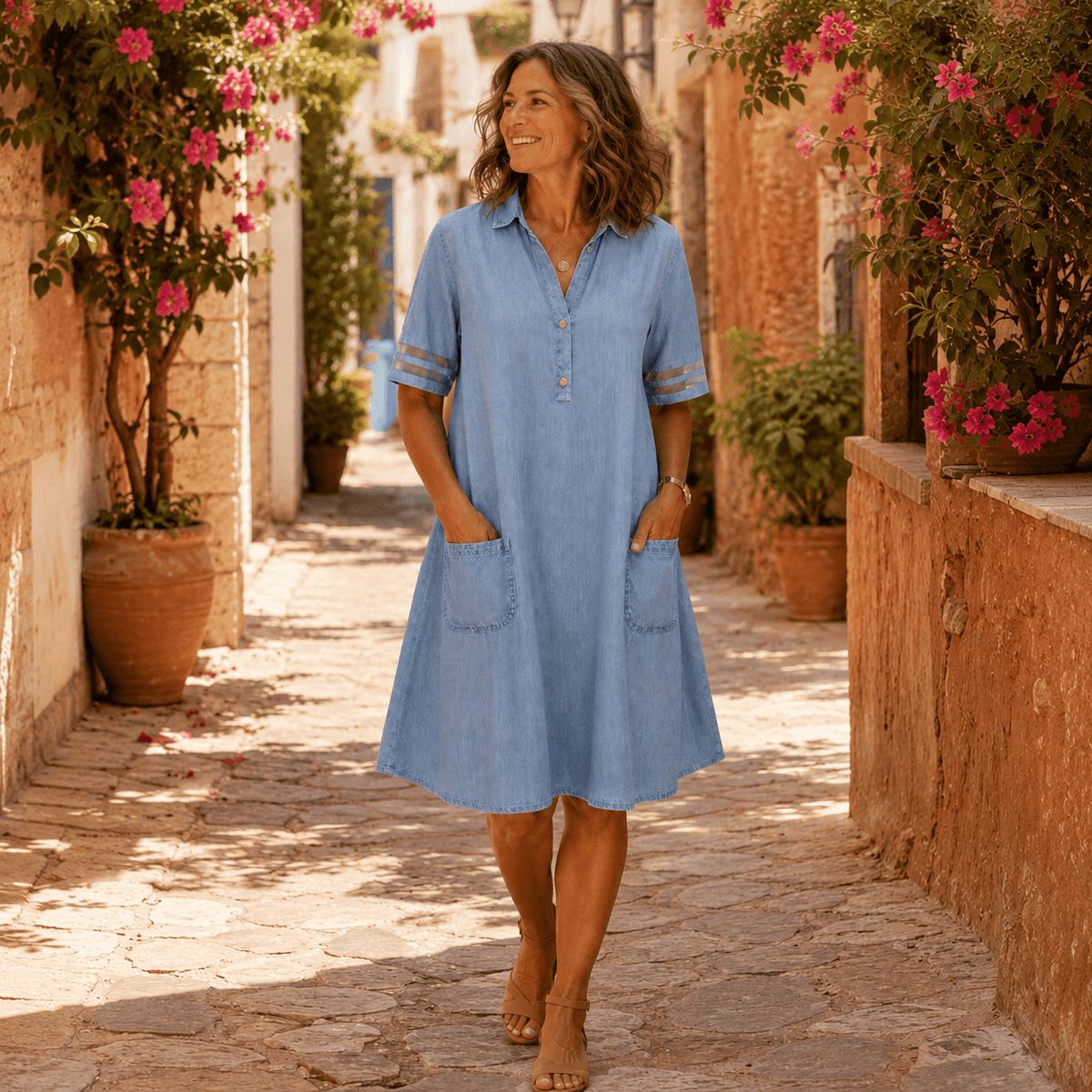 Women's Denim Shirt-Collar A-Line Midi Dress with Front Pockets
