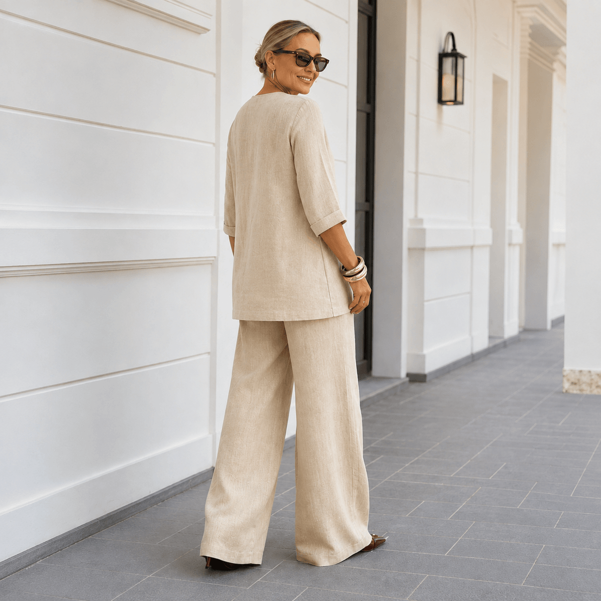 Draperly V-Neck Linen-Look Matching Set with Wide-Leg Pants
