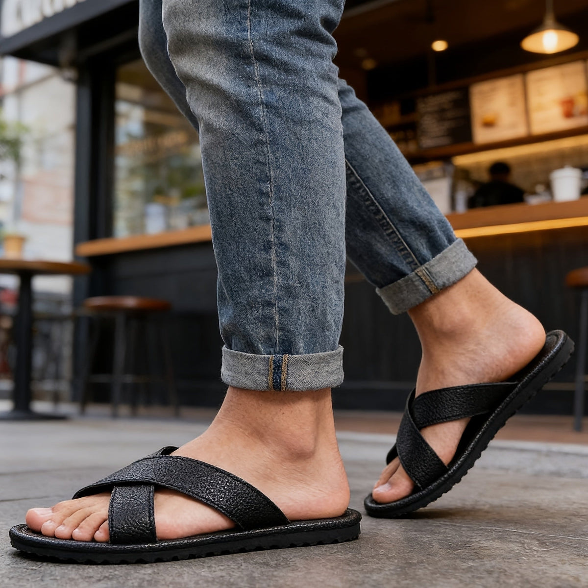 Men's Cross-Strap Slip-On Sandals with Flat Cushioned Sole