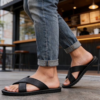 Men's Cross-Strap Slip-On Sandals with Flat Cushioned Sole