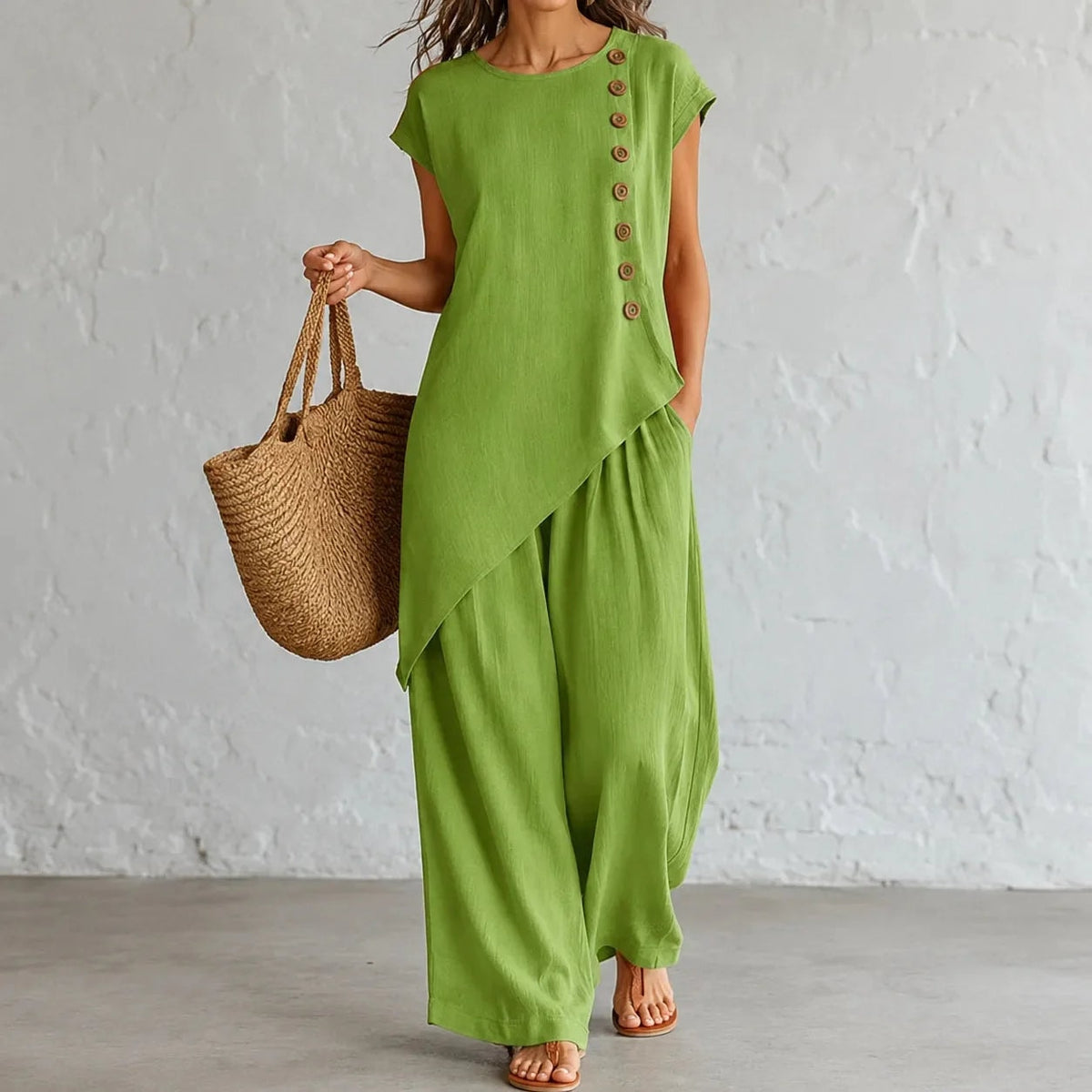 Two-Piece Matching Co-Ord Set with Asymmetric Button Top and Wide-Leg Pants